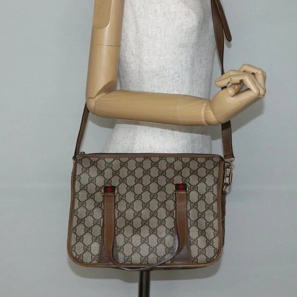 GUCCI GG Supreme Web Sherry Line Bag PVC 2way Beige Gold 41 02 039 Auth 142440 - Picture 1 of 16